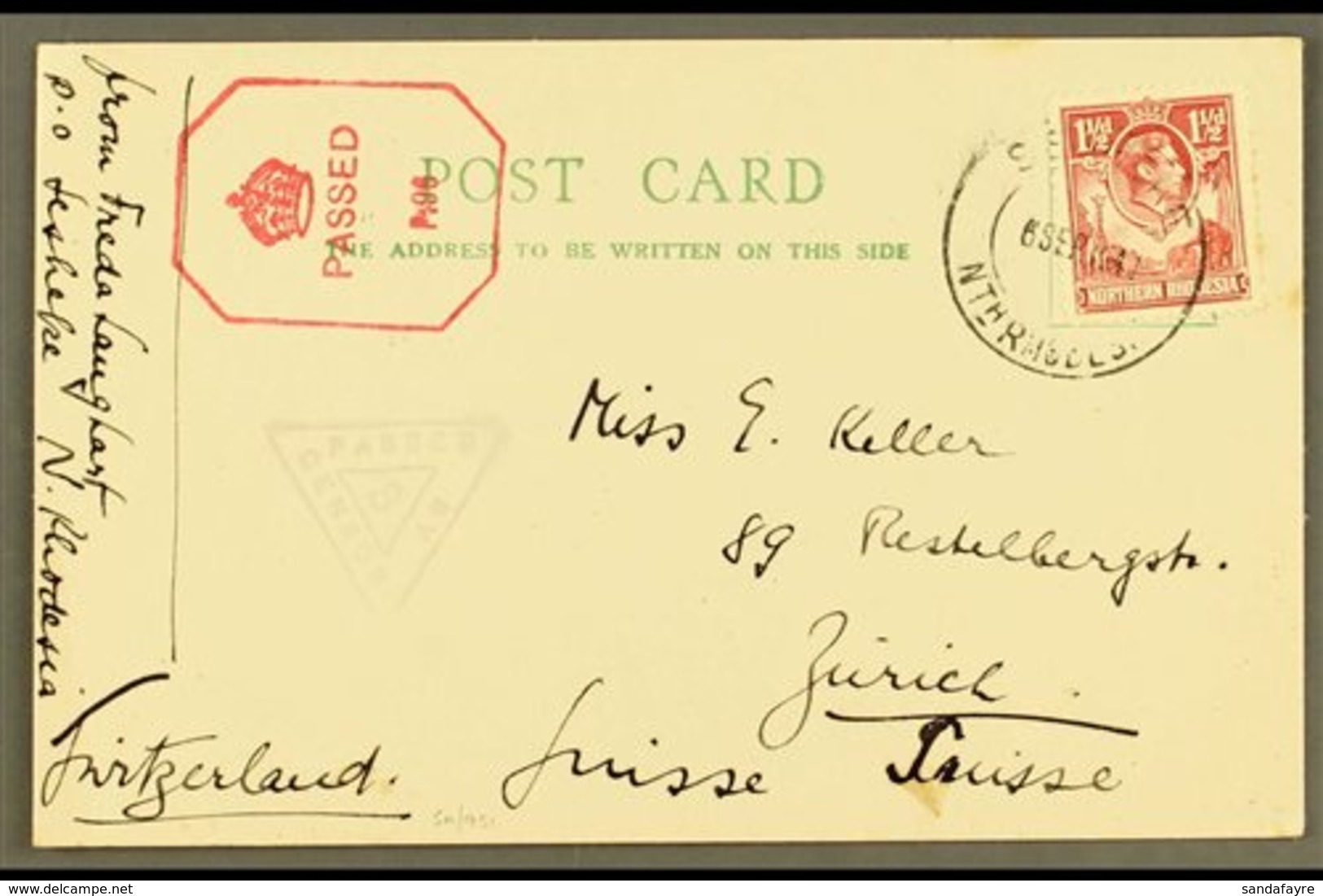 1941  (Sept) Postcard To Switzerland, Bearing 1½d Carmine Tied Sesheke Cds, Triangular "PASSED BY CENSOR/8" And Further  - Rhodésie Du Nord (...-1963)