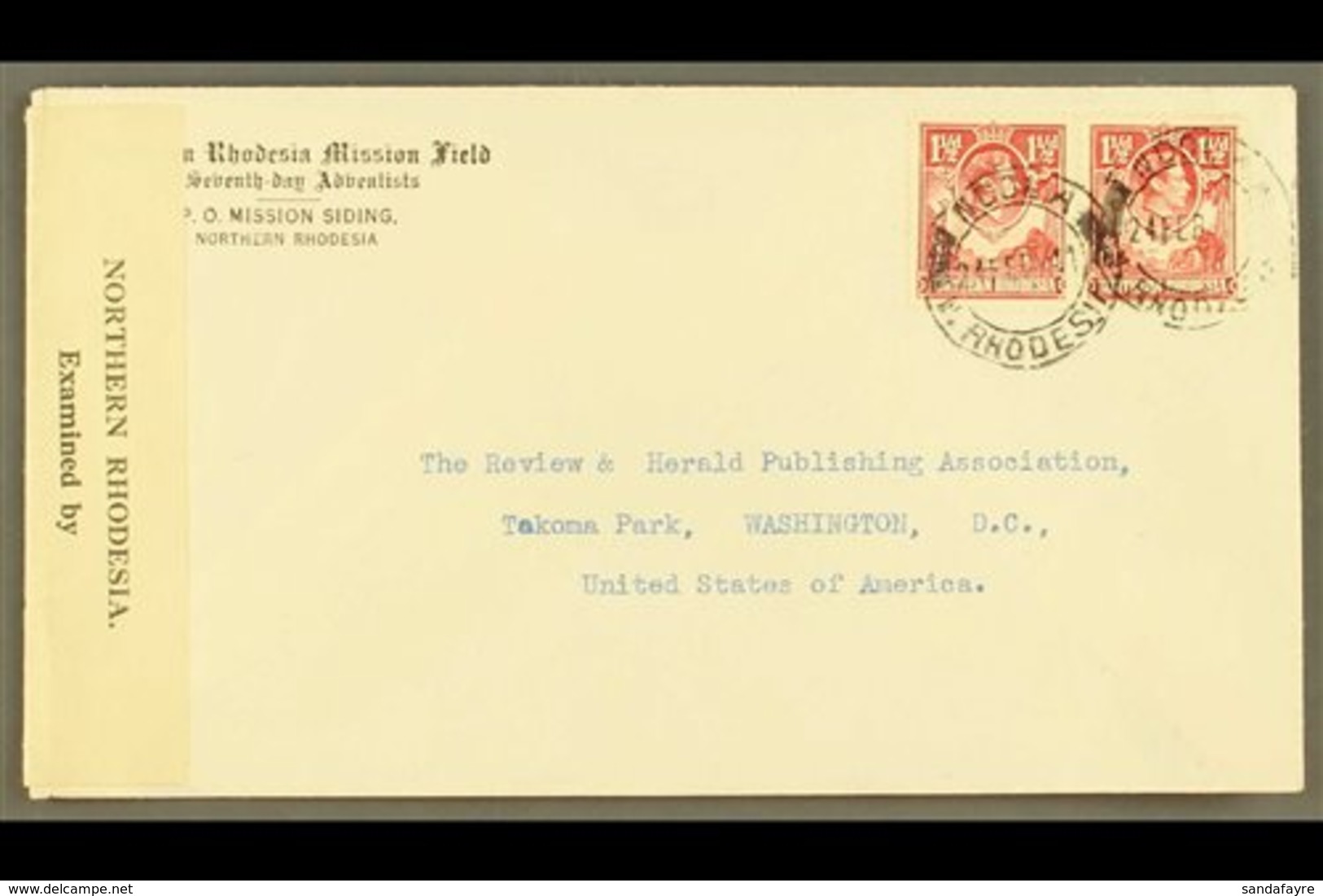 1941  CENSOR COVER - "Northern Rhodesia Mission Field, Seventh Day Adventists" Env. To USA, Franked 1½d Carmine Pair, Ti - Nordrhodesien (...-1963)