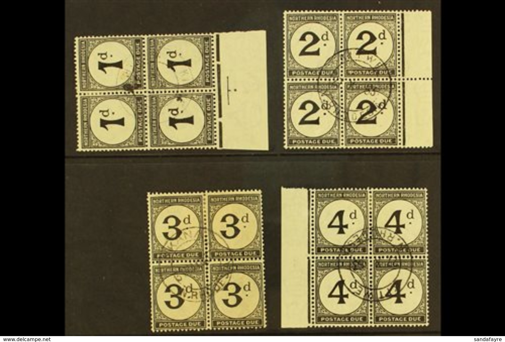 POSTAGE DUES  1929-52 Set On Ordinary Paper, BLOCKS OF 4, SG D1/4, 1d Tone Spot, 3d Slightly Toned Paper, Otherwise Very - Northern Rhodesia (...-1963)