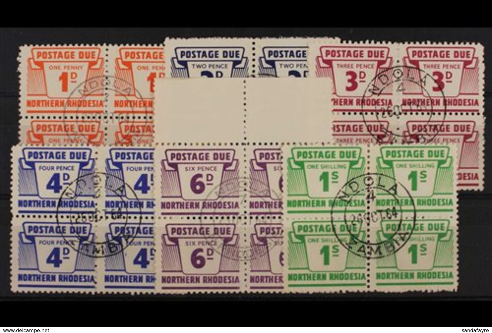 POSTAGE DUES  1963 Complete Set In BLOCKS OF FOUR, SG D5/10, Very Fine Used With Central C.d.s. Postmarks (6 Blocks). Fo - Nordrhodesien (...-1963)