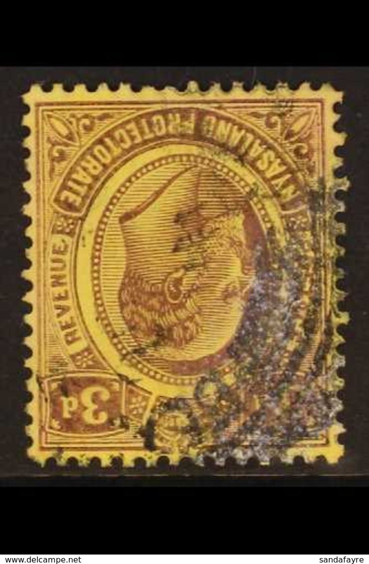 1908-11  KEVII 3d Purple/yellow, Watermark INVERTED, SG 75w, Used, Heavy Cancel. For More Images, Please Visit Http://ww - Nyasaland (1907-1953)