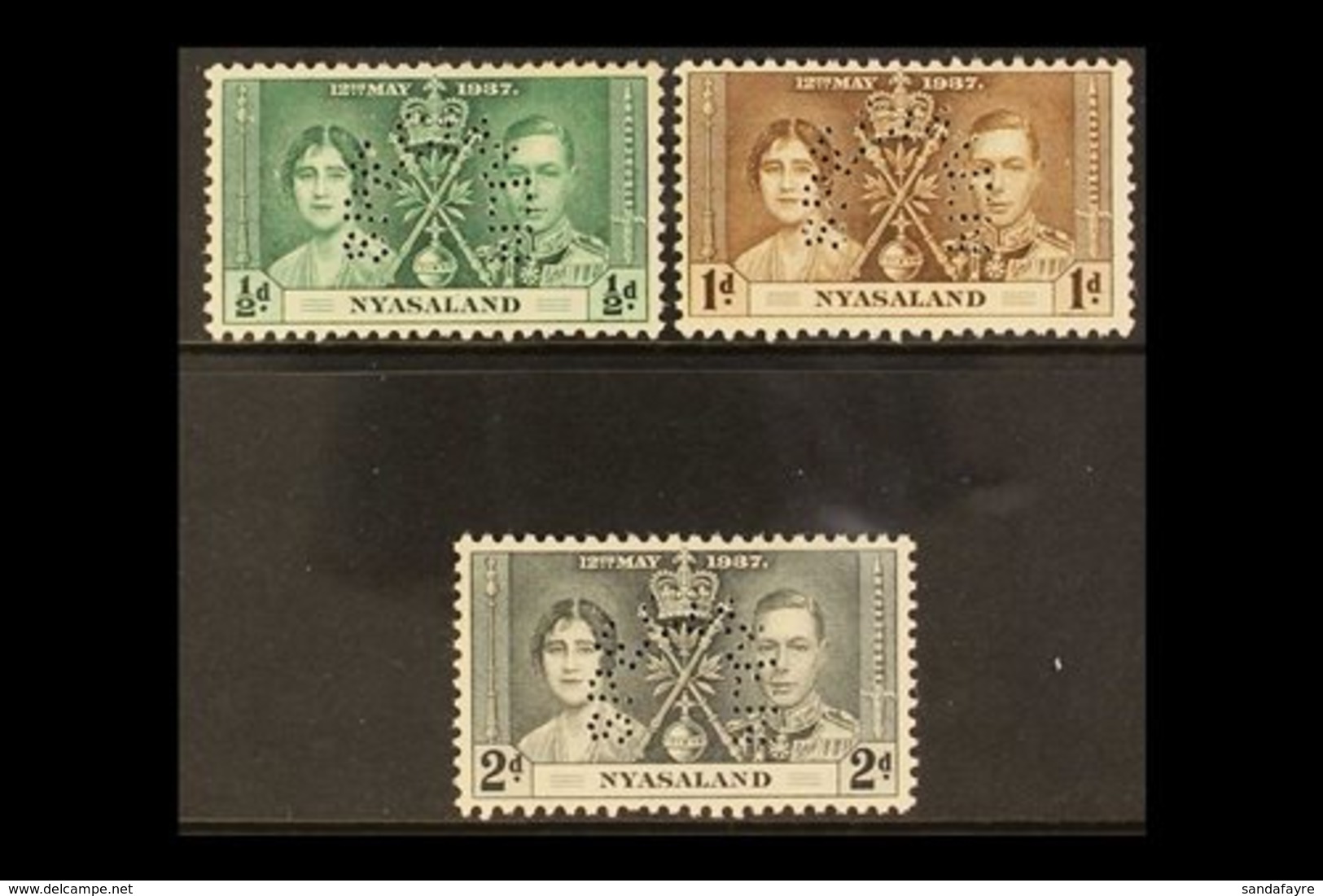 1937  Coronation Set Complete, Perforated "Specimen", SG 127s/129s, Very Fine Mint. (3 Stamps) For More Images, Please V - Nyassaland (1907-1953)