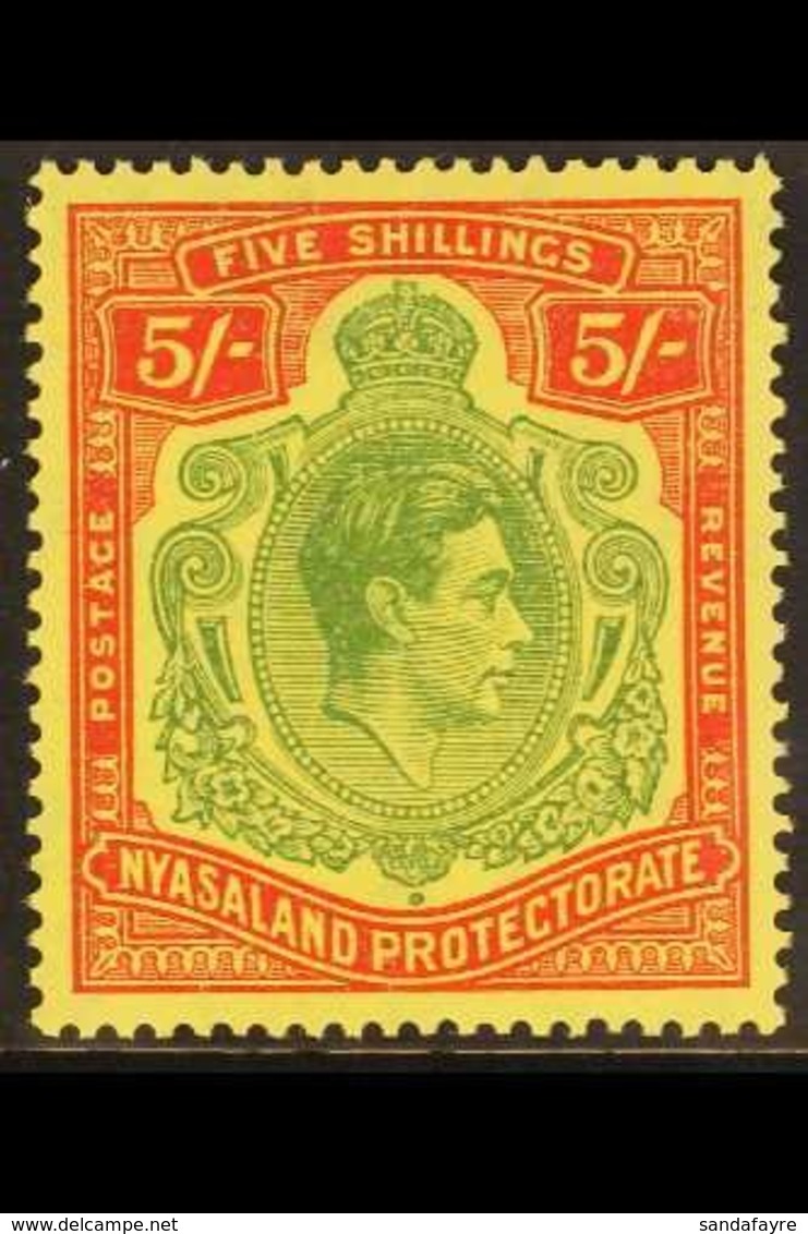 1944  5s Green & Red Pale Yellow (Ordinary Paper), SG 141a, Never Hinged Mint For More Images, Please Visit Http://www.s - Nyasaland (1907-1953)