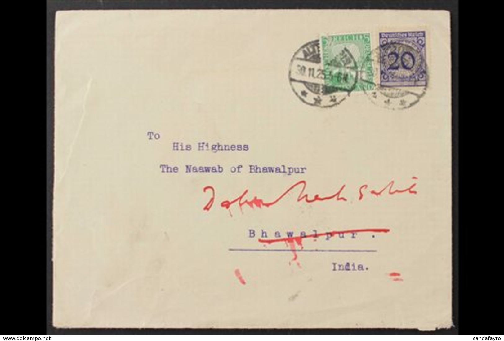1925  (Nov) Scarce Inward Cover From Germany, Addressed To The Naawab, With Bahawalpur Arrival Cds On Reverse, Some Roug - Bahawalpur