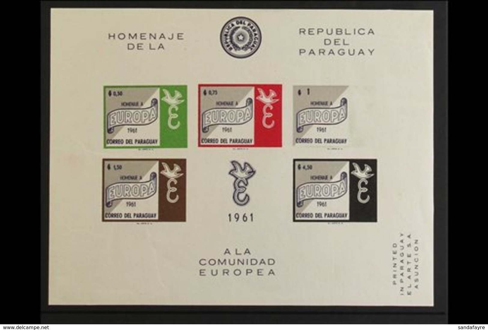 1961 MISSING COLOUR VARIETY.  Europa Imperf Mini-sheet In Different Colours With MISSING PURPLE COLOUR On 1g Stamp (Scot - Paraguay