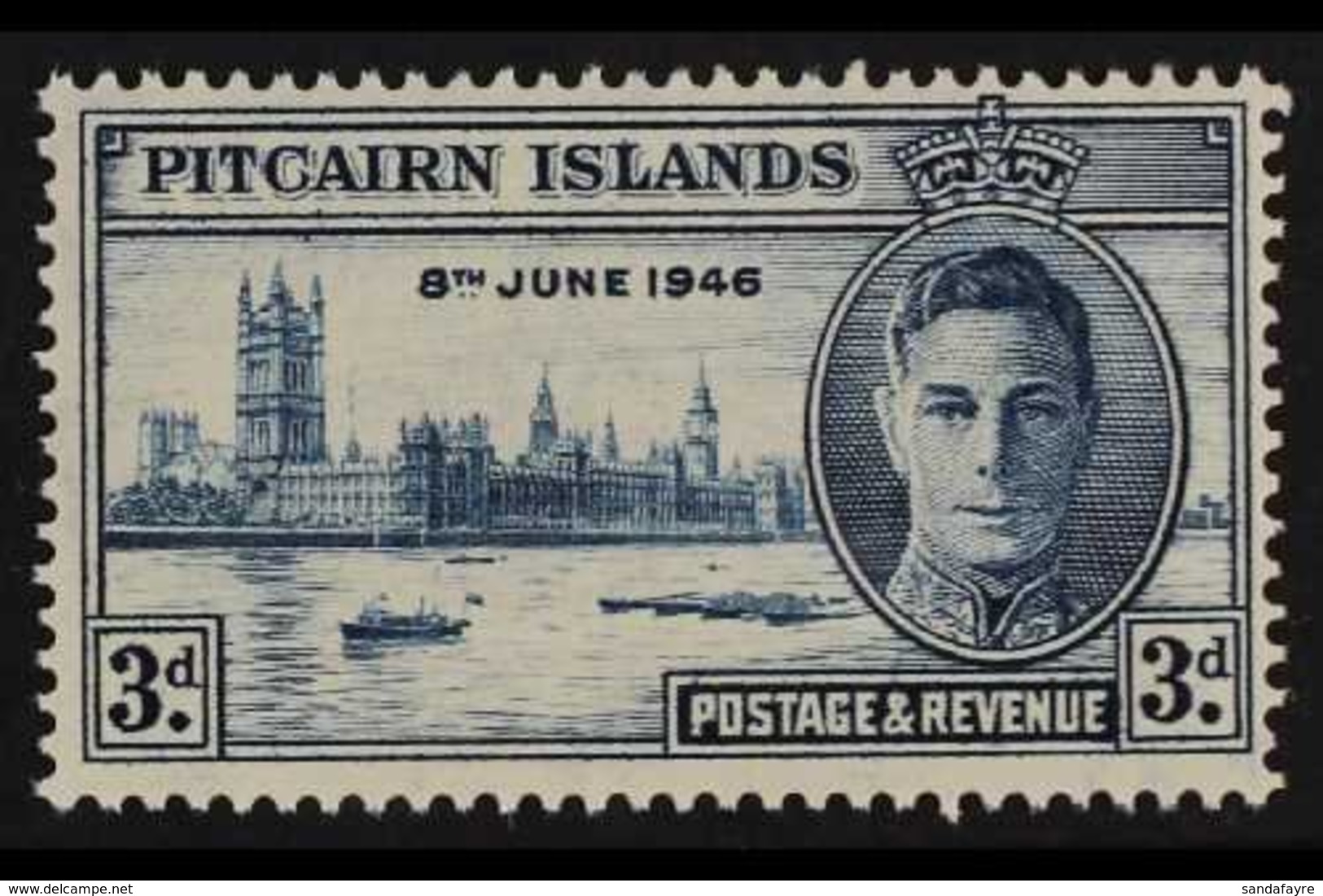 1946  3d Blue Victory, Variety "Flagstaff Flaw", SG 10a, Very Fine Used.  For More Images, Please Visit Http://www.sanda - Pitcairn Islands