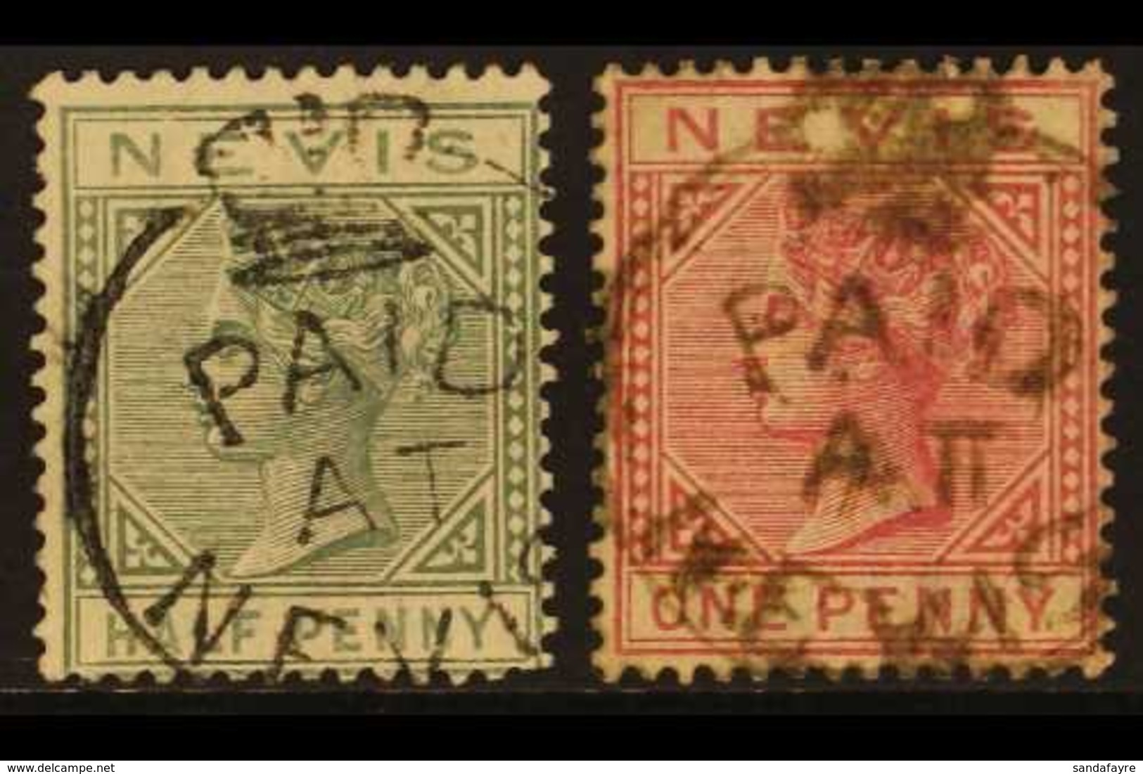 1882-90  ½d Dull Green And 1d Dull Rose, SG 25 & 27, Each With Fine Upright "Crown/Paid At Nevis" Cancel, Scarce. (2) Fo - St.Christopher, Nevis En Anguilla (...-1980)