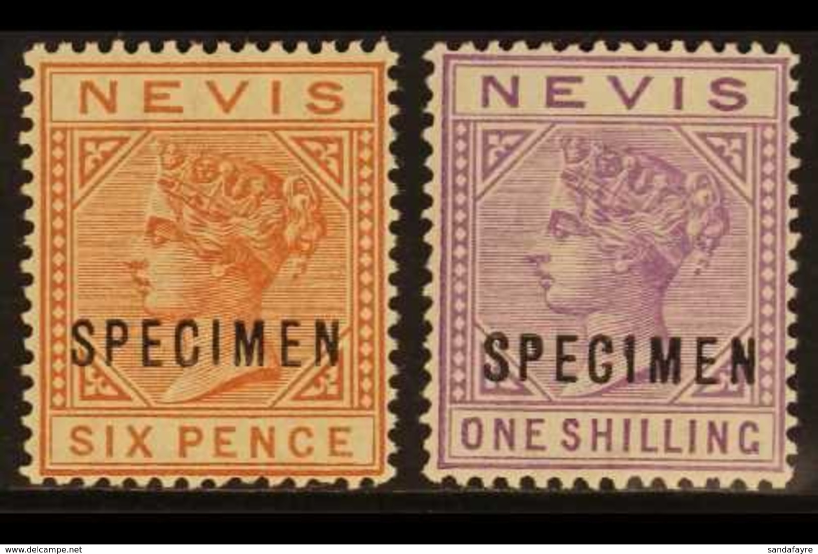 1882-90  6d Chestnut And 1s Pale Violet, Overprinted "SPECIMEN", SG 33/34s, Very Fine Mint. (2) For More Images, Please  - St.Christopher-Nevis & Anguilla (...-1980)