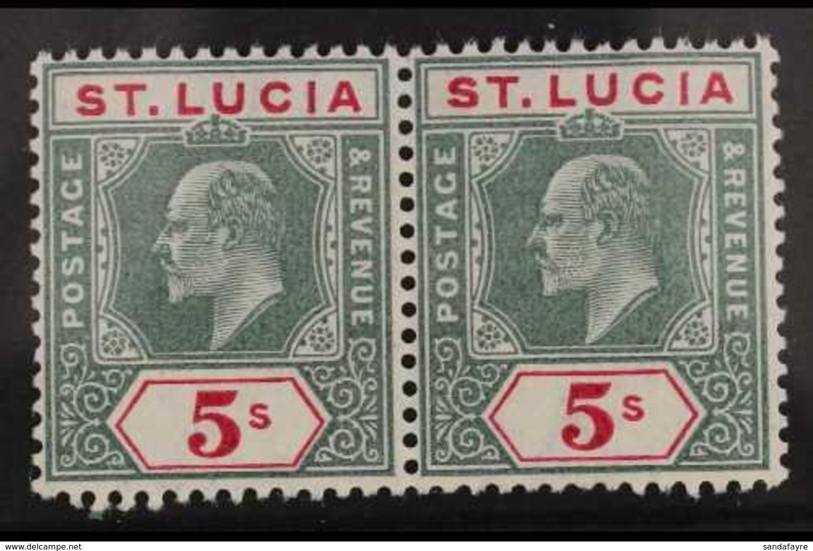1904 - 10  5s Green And Carmine, Wmk MCA, Ed VII, SG 76, Superb Never Hinged Mint Horizontal Pair. For More Images, Plea - St.Lucia (...-1978)