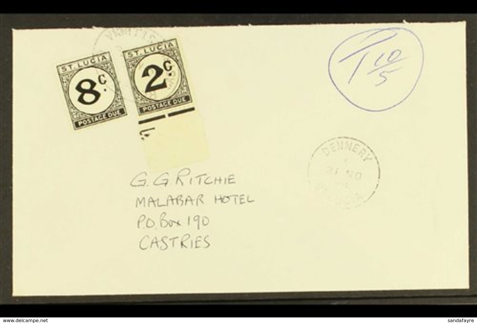 POSTAGE DUES  1975 (21 Nov) Cover Addressed Locally & Posted Without Stamps, Bearing 1952 8c & 1965 2c Postage Duess (SG - St.Lucia (...-1978)