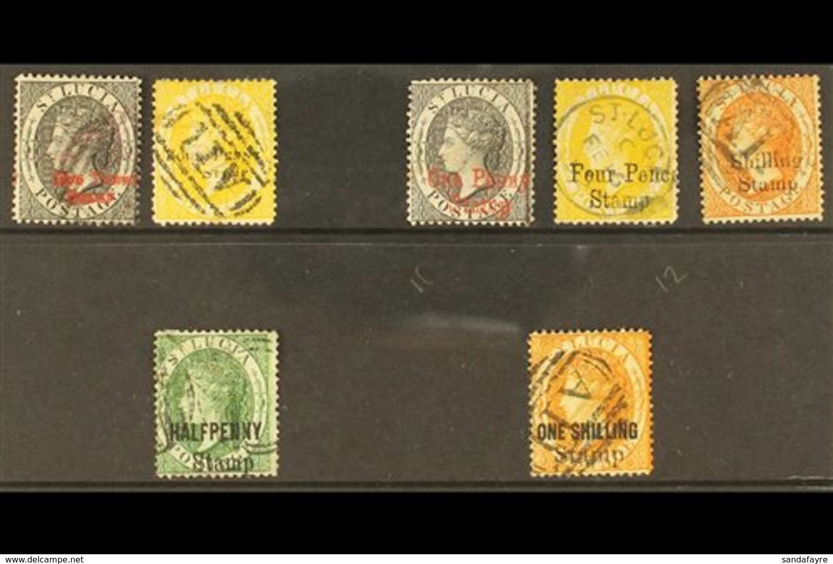 POSTAL FISCAL STAMPS  1881 CC Wmk USED SELECTION On A Stock Card That Includes (Type F1 Surcharge) 1d Black & 4d Yellow, - St.Lucia (...-1978)