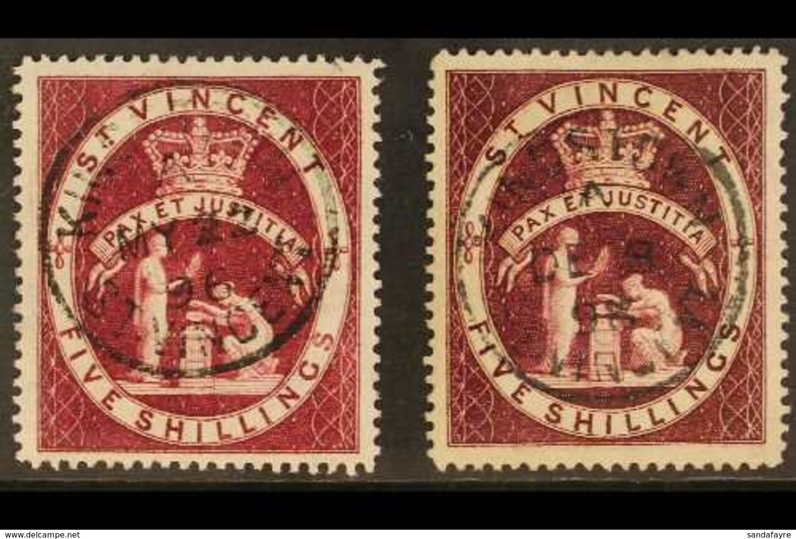 1885-93  (wmk Crown CA) 5s Both Shades, SG 53 & SG 53b, Very Fine Cds Used. (2 Stamps) For More Images, Please Visit Htt - St.Vincent (...-1979)