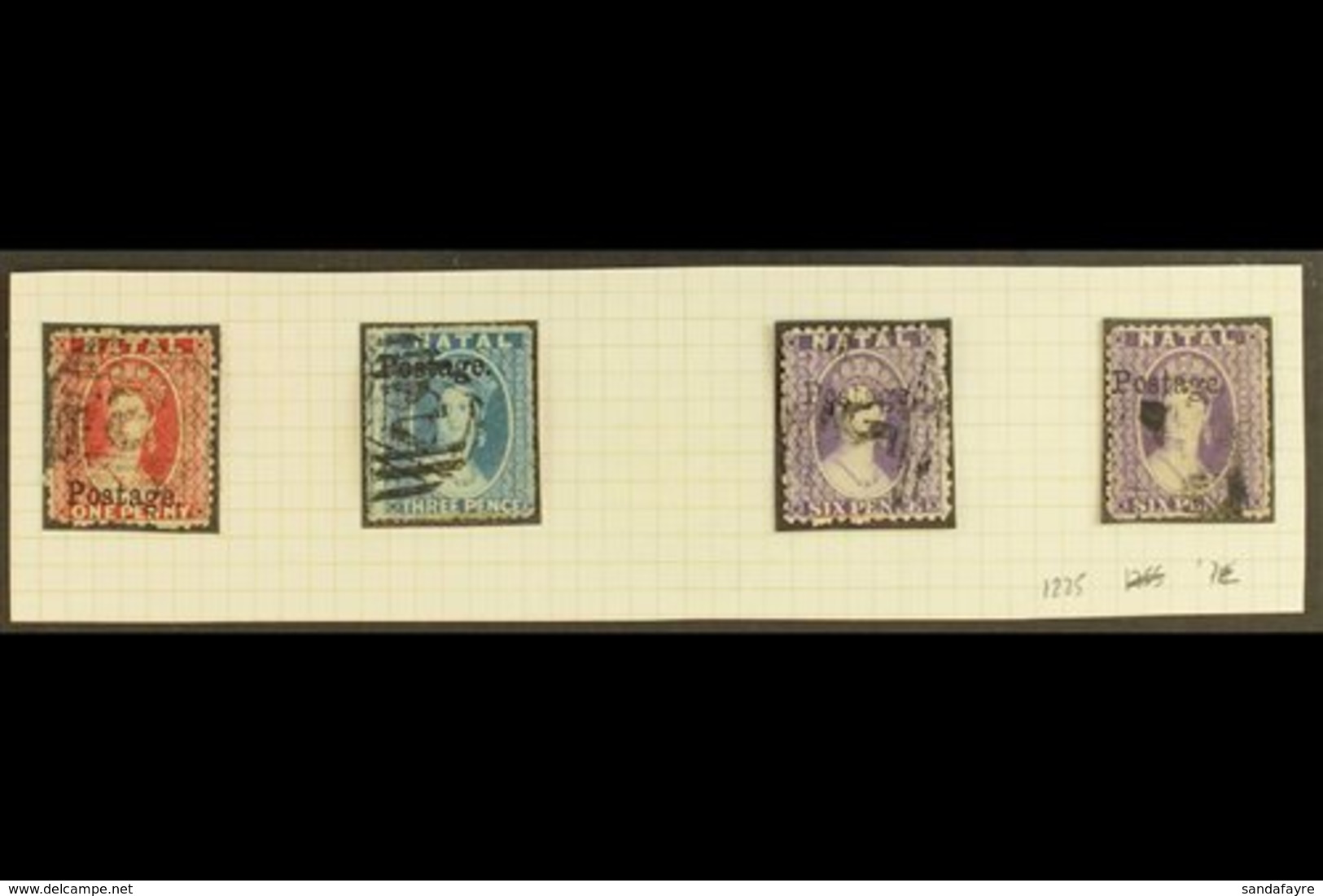 NATAL  1869 "Postage" Ovpts, 13 3/4mm Long, SG Type 7c, 1d Bright Red, 3d Blue Rough Perf, 6d Violet (2), SG 39, 40b, 42 - Unclassified