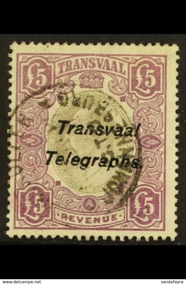 TRANSVAAL  TELEGRAPHS 1903 "Transvaal Telegraphs" On £5 Purple And Grey Revenue, FOURNIER FORGERY, As Hiscocks 25, Used. - Zonder Classificatie