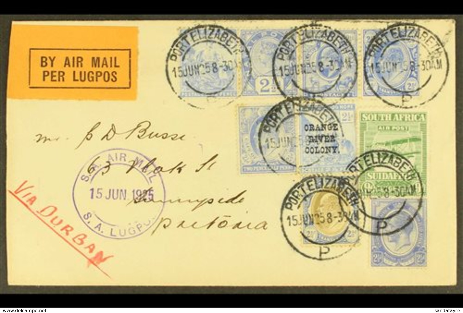 1925  (15 June) Port Elizabeth To Pretoria Attractive Flown Cover ("Via Durban") Bearing 9d Air (SG 29) Plus 2½d Stamps  - Unclassified