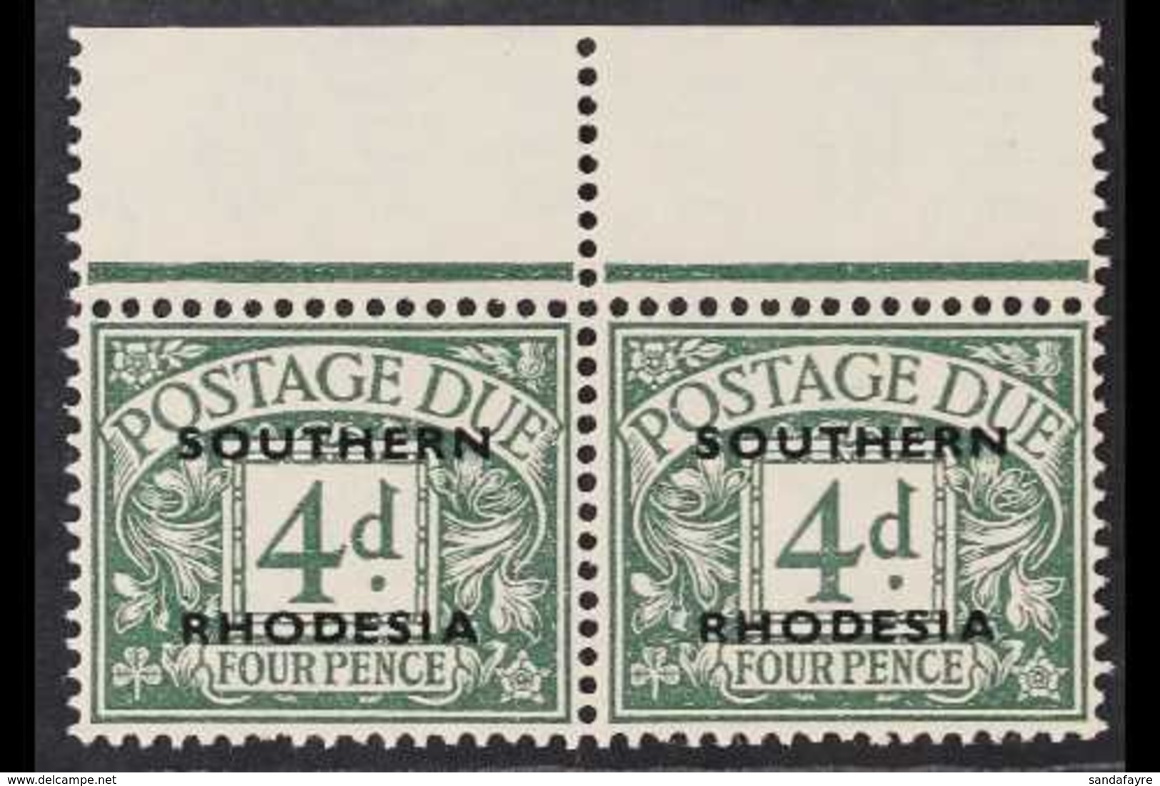 POSTAGE DUES  1951 4d Dull Grey Green, SG D6, Very Fine Never Hinged Top Margin Horizontal Pair. Elusive Stamp. For More - Südrhodesien (...-1964)
