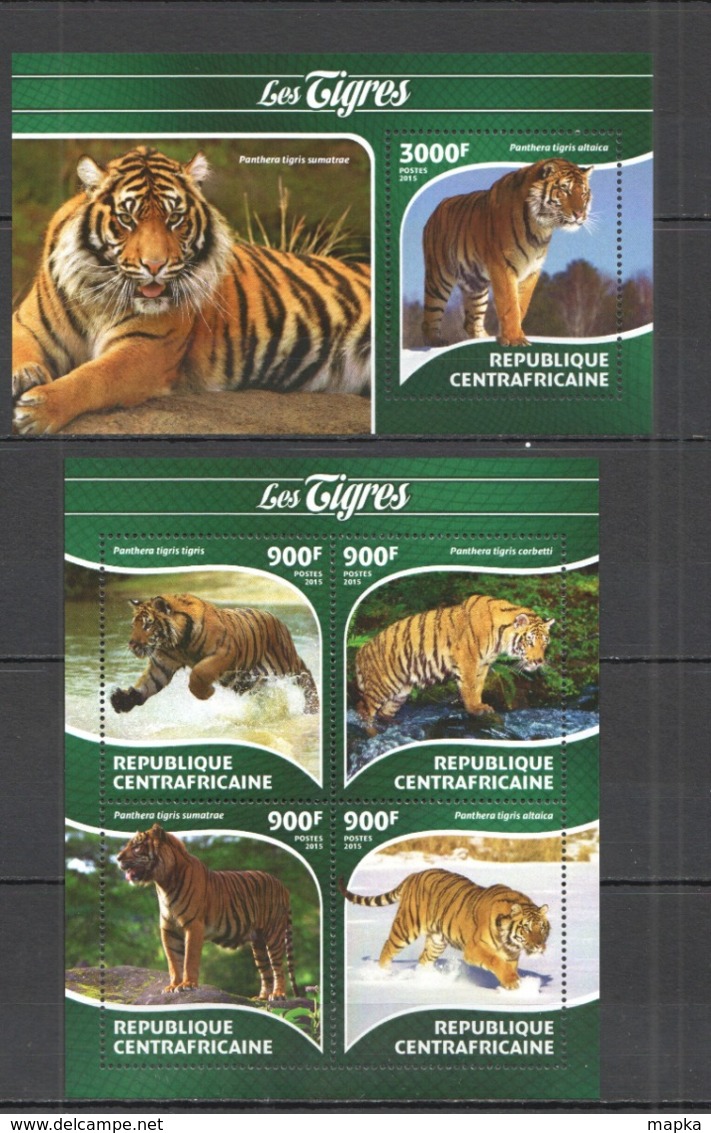 CA272 2015 CENTRAL AFRICA CENTRAFRICAINE FAUNA ANIMALS WILD CATS TIGERS KB+BL MNH - Big Cats (cats Of Prey)