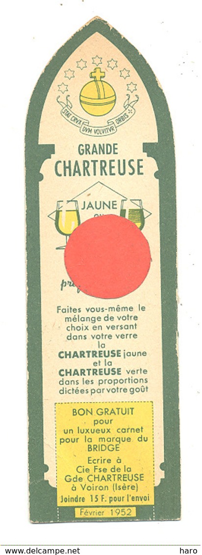 Marque-pages Publicitaire  -  " Grande Chartreuse "  Liqueur, Verte Et Jaune, Alcool, Digestif,... 1952   (b260/4) - Marque-Pages