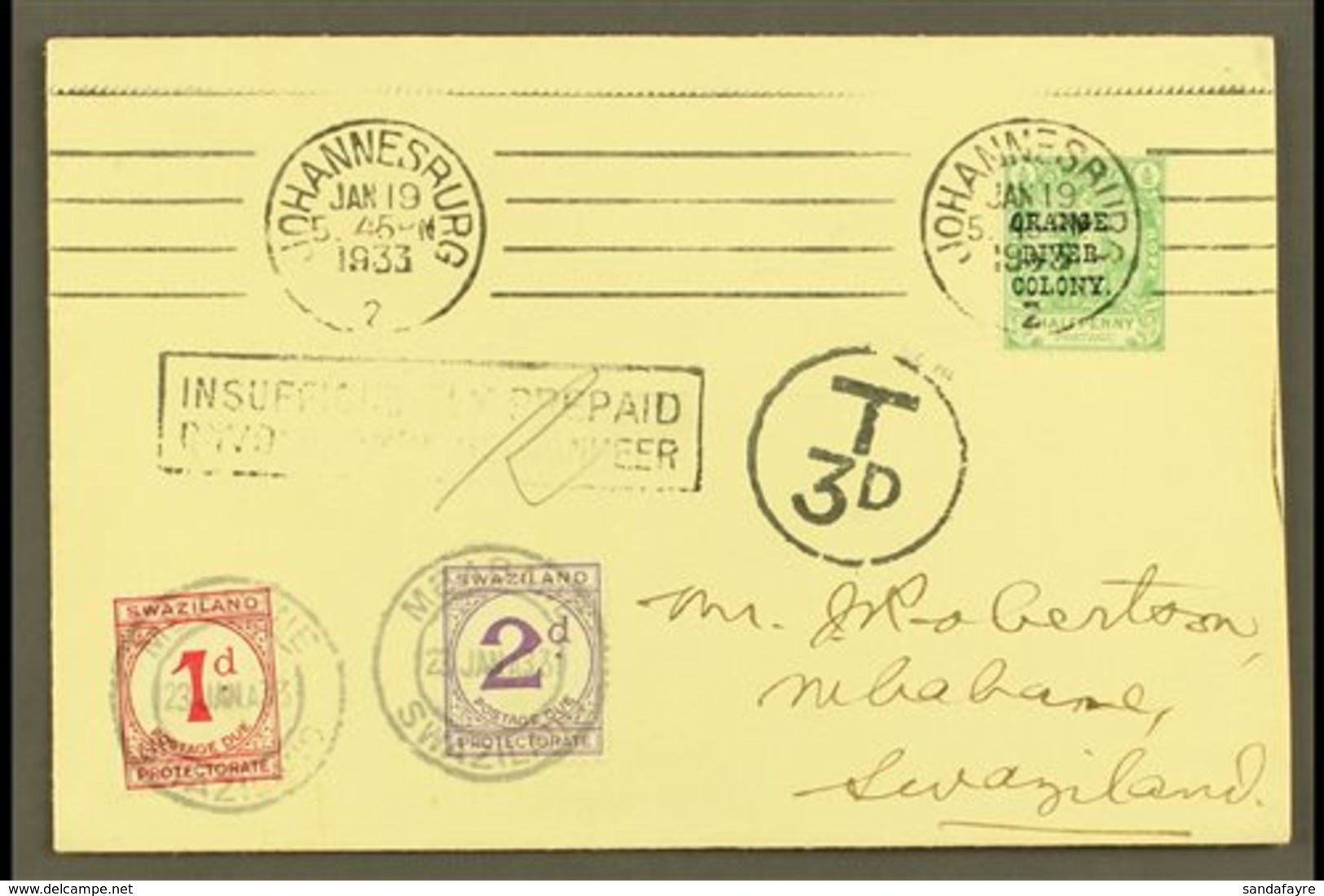 1933 POSTAGE DUE FIRST DAY COVER.  1933 (19 January) A Delightful And Highly Attractive Envelope Bearing Orange River Co - Swasiland (...-1967)