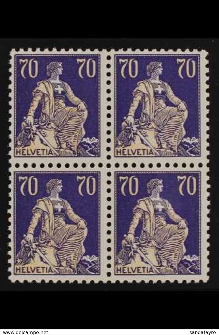 1921-34  70c Buff & Violet "Helvetia", Grilled Gum, Mi 171z, SG 243a,  BLOCK OF 4, Never Hinged Mint (4 Stamps) For More - Other & Unclassified