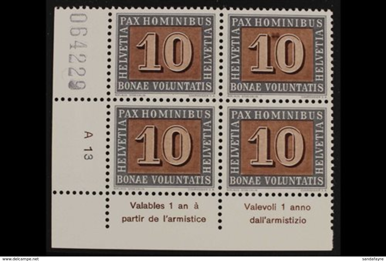 1945 PEACE VARIETY  10c Brown & Grey, (SG 448) Corner Block Of 4 Bearing "COLOUR SPOT BETWEEN 1 & 0" Variety, Mi 448VI,  - Sonstige & Ohne Zuordnung