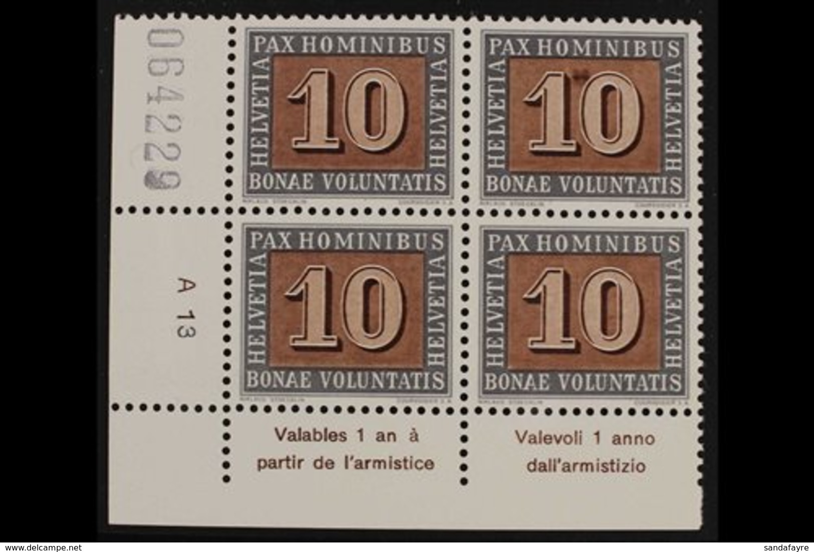 1945 PEACE VARIETY  10c Brown & Grey, (SG 448) Corner Block Of 4 Bearing "COLOUR SPOT BETWEEN 1 & 0" Variety, Mi 448VI,  - Andere & Zonder Classificatie