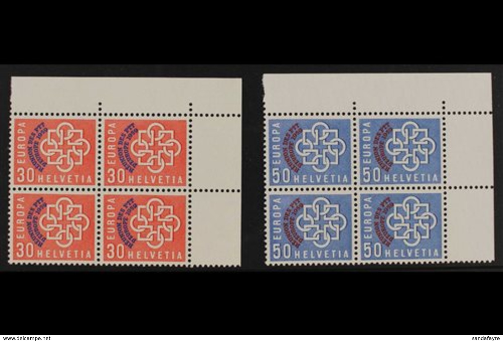 1959 EUROPEAN CONFERENCE  30c Red & 50c Blue, Mi 681/82, SG 608/609, UPPER CORNER BLOCKS OF 4, Never Hinged Mint (8 Stam - Otros & Sin Clasificación