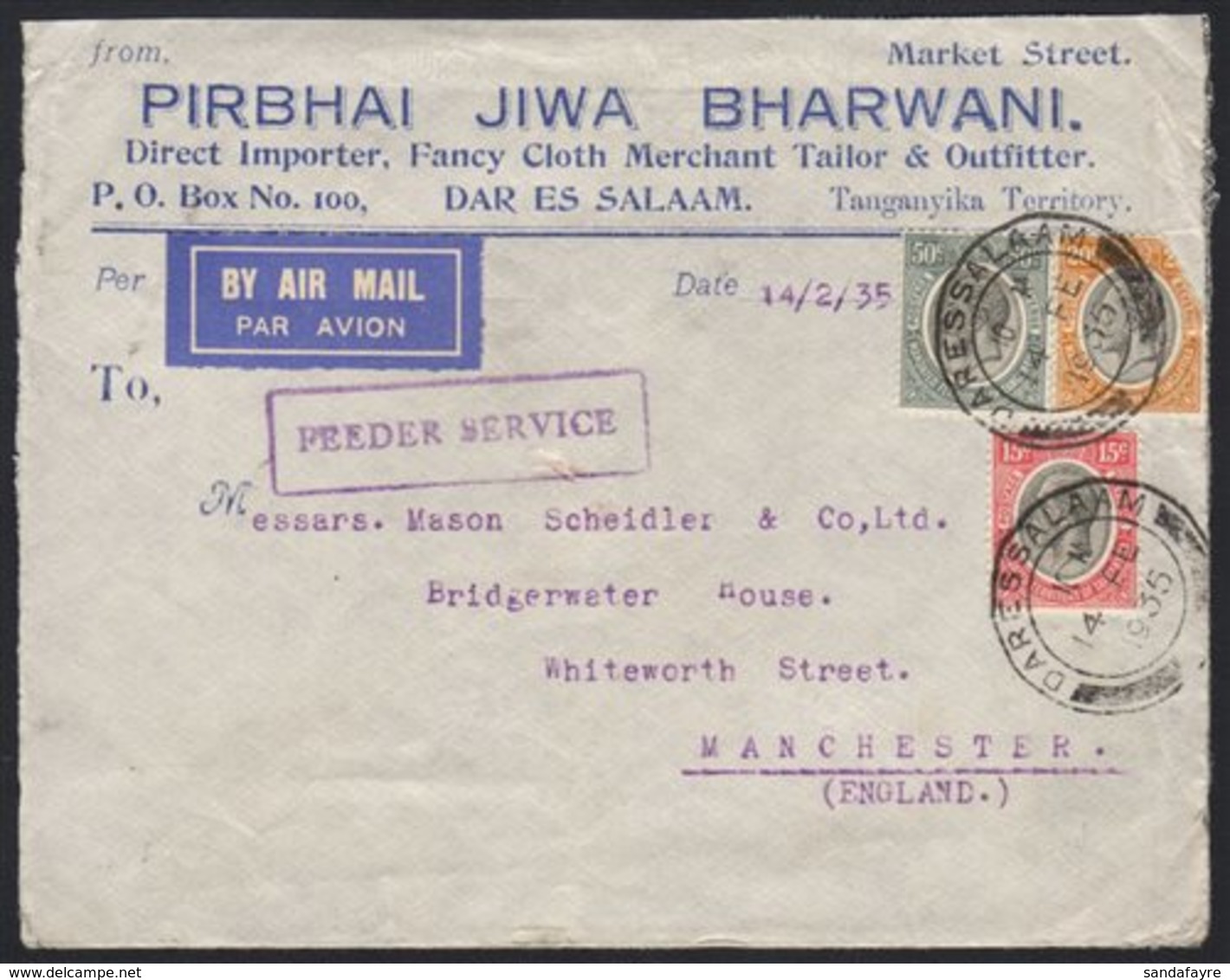 1935  Airmailed Commercial Advert Envelope To Manchester, Franked KGV 15c, 20c (torn) & 50c, Tied DARESSALAAM Date Stamp - Tanganyika (...-1932)