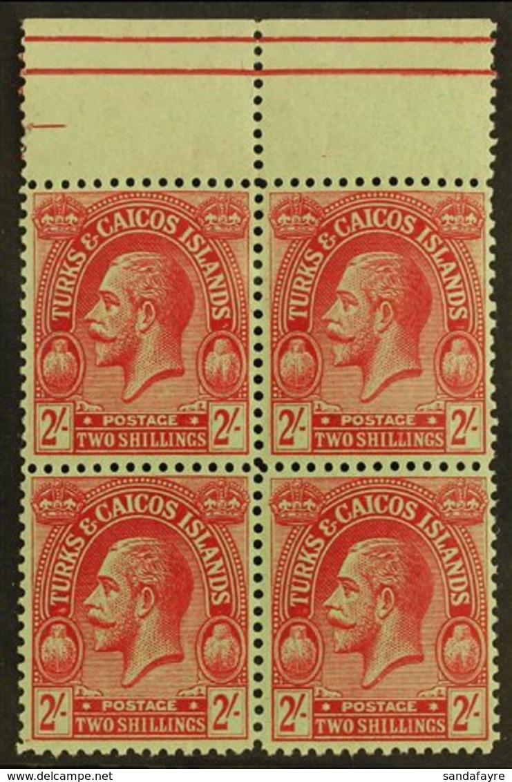 1922-26  2s Red On Emerald Wmk MCA, SG 174, Superb Never Hinged Mint Upper Marginal BLOCK Of 4, Very Fresh. (4 Stamps) F - Turks And Caicos