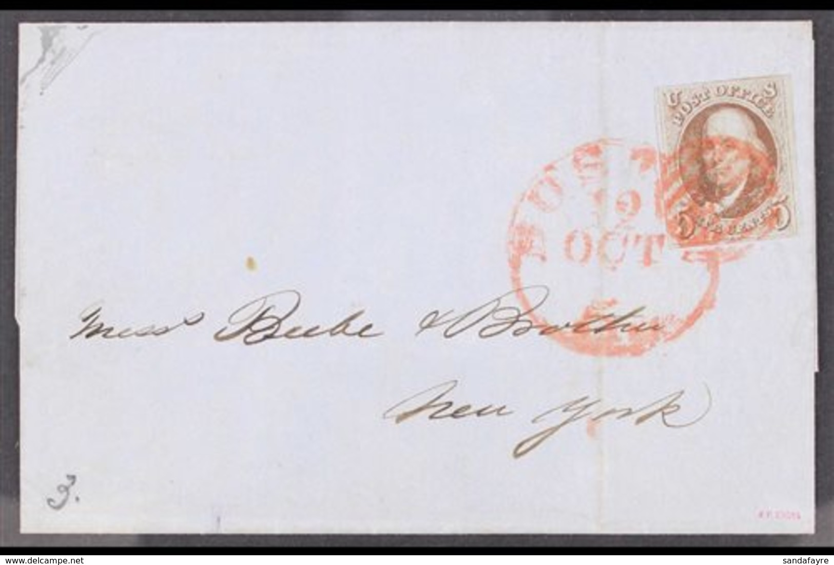 1847  5c Brown, SG 1a, On ELS To New York Tied By Red Grid & Boston Cds With 3 Margins, Just Shaved To Frame At Top, Ver - Other & Unclassified