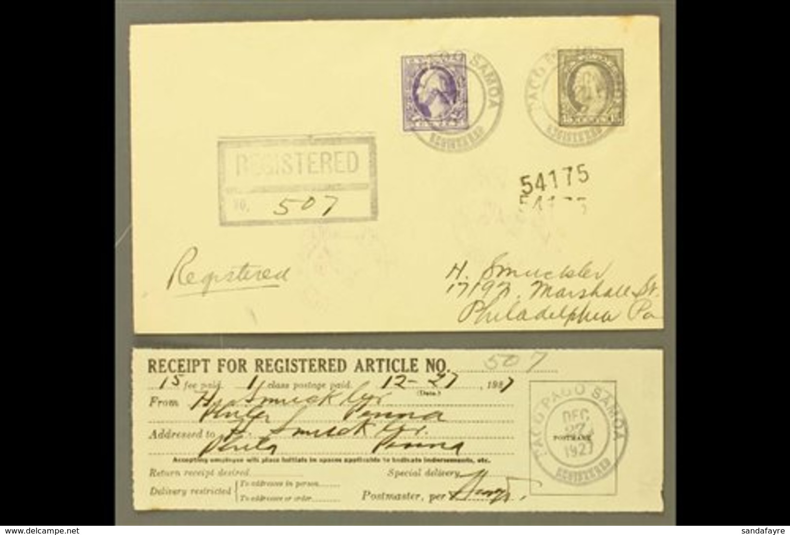 AMERICAN SAMOA  1927 (Dec 27) Registered Cover Franked With 3c Washington & 15c Franklin, Postmarked Pago Pago, Addresse - Sonstige & Ohne Zuordnung