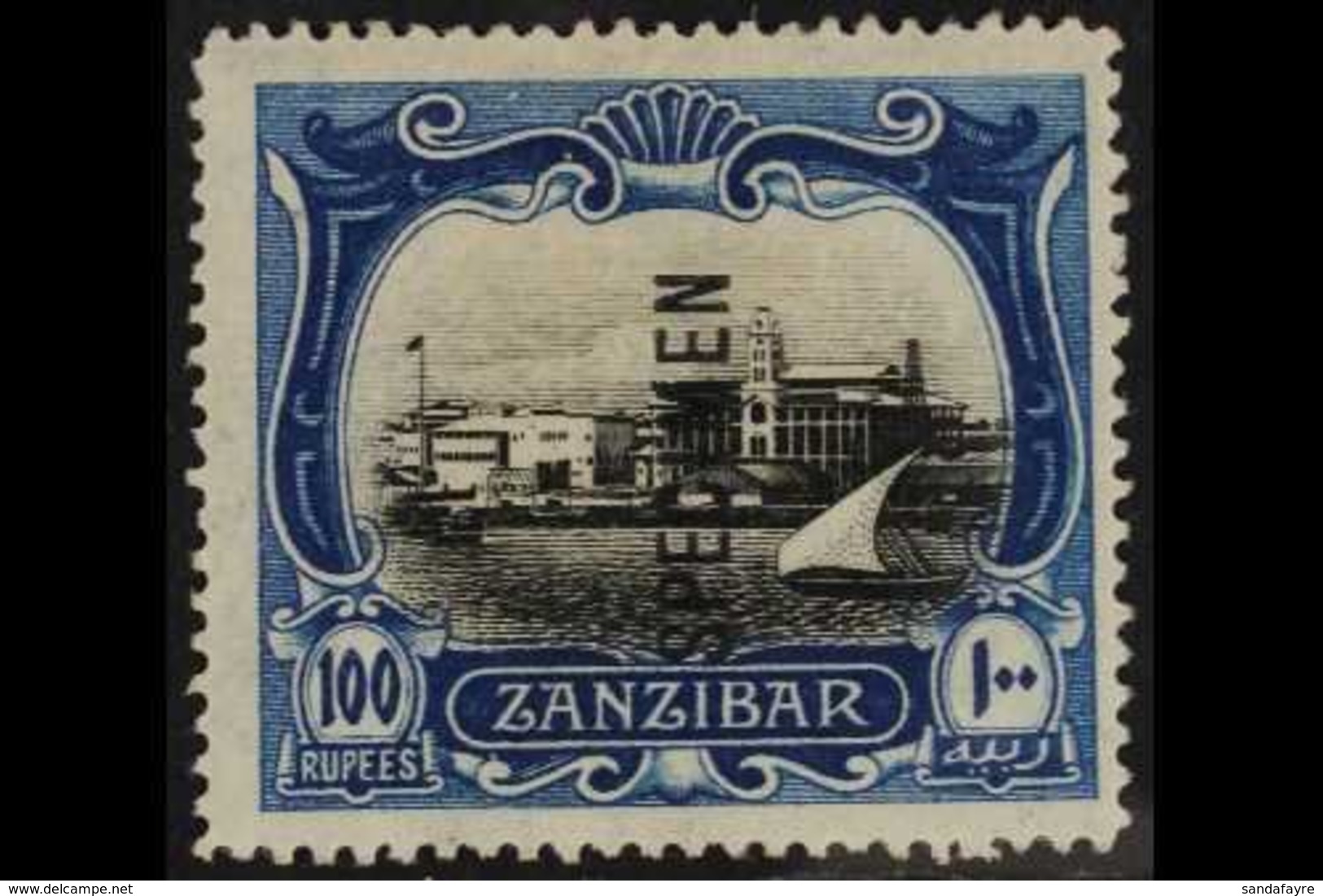 1908  100r Black And Steel Blue, View Of Port, Ovptd "Specimen", SG 244a, Very Fine Mint. Lovely Stamp. For More Images, - Zanzibar (...-1963)