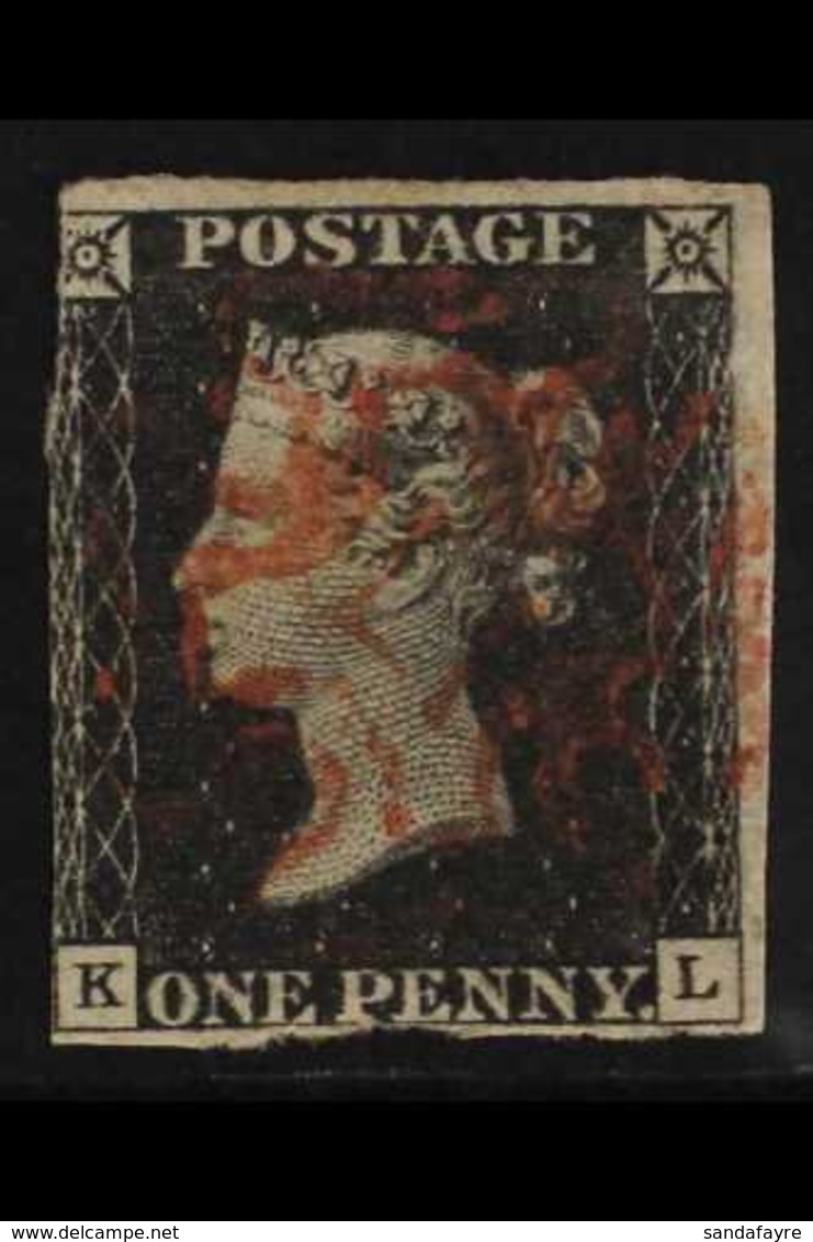 1840  1d Black 'KL' Plate 2, SG 2, Lightly Used With Red Maltese Cross Cancel, Almost Three Margins A Little Rough At Th - Zonder Classificatie