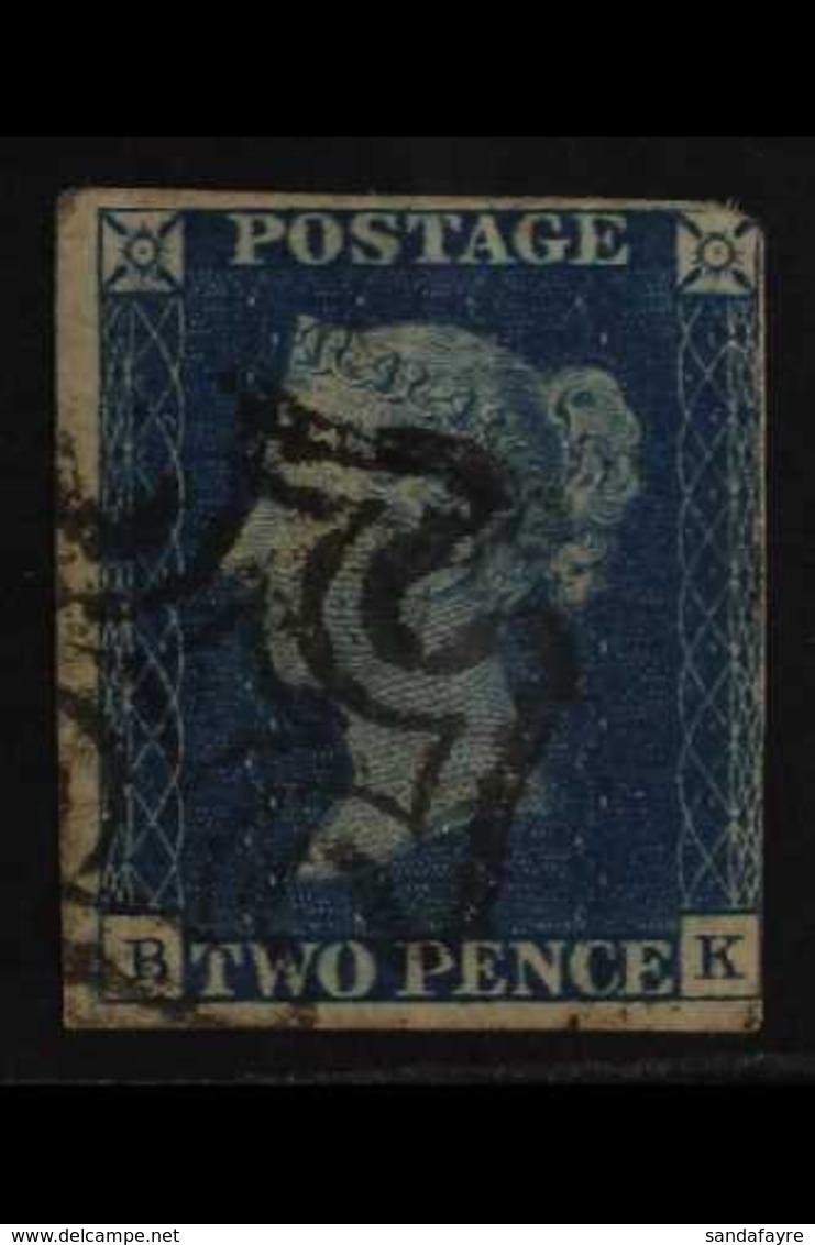 1840  2d Blue 'BK' Plate 2, SG 5, Used With Neat Black Maltese Cross Cancel, 2++ Large Margins, Nice Colour, Cat £1,100. - Other & Unclassified