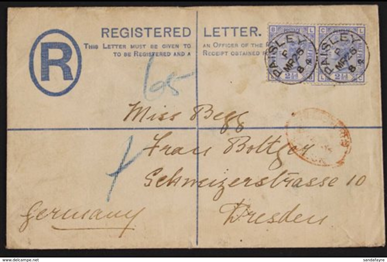 1884  (March) 2d Registered Envelope To Germany, Bearing 2½d Blue Plate 23 Pair Tied By Crisp PAISLEY Cds's, Glasgow And - Sonstige & Ohne Zuordnung