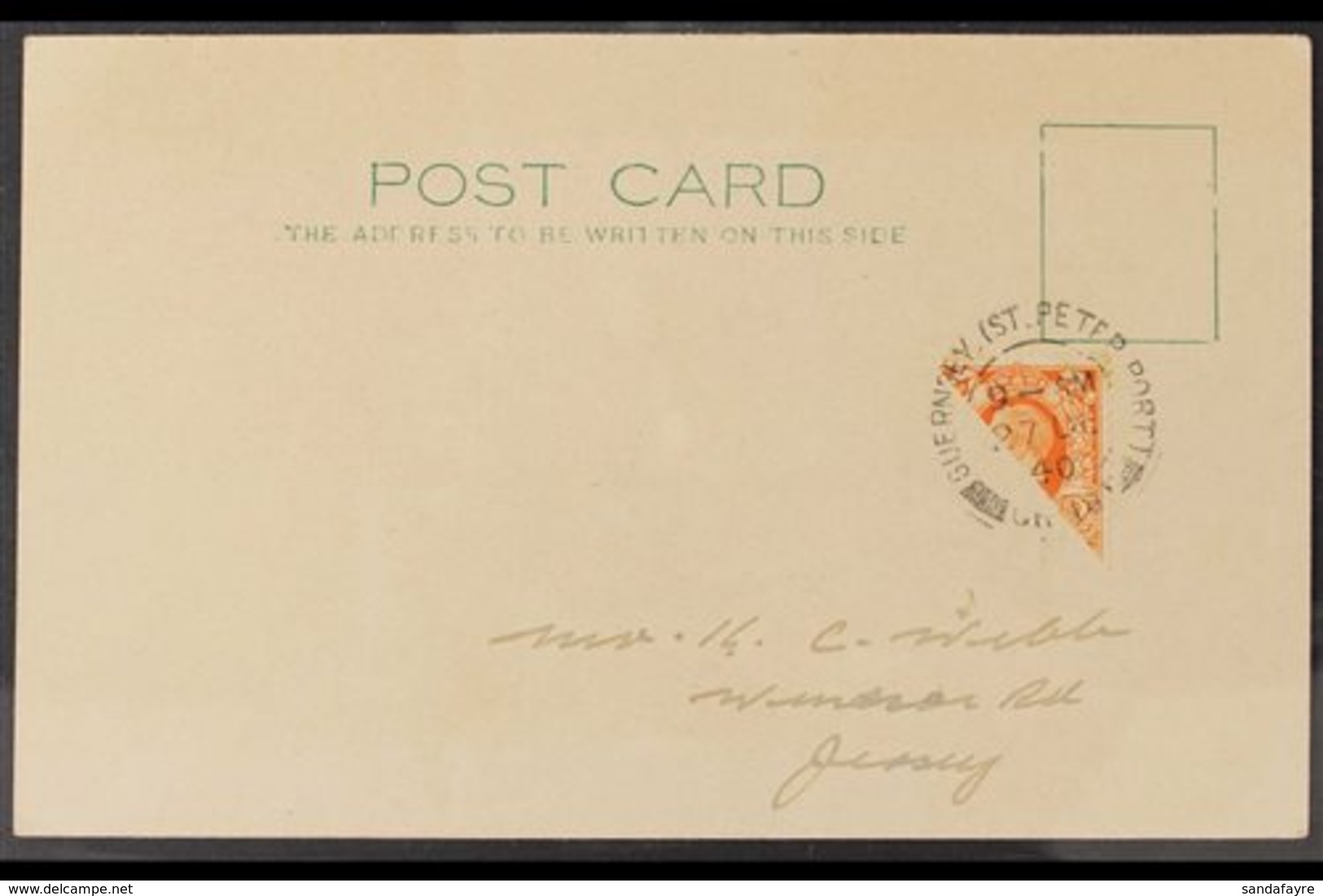 1940  (27 Dec) Post Card To Jersey From Guernsey Bearing GB 1935 2d Orange KGV Photogravure Stamp BISECTED Diagonally An - Unclassified