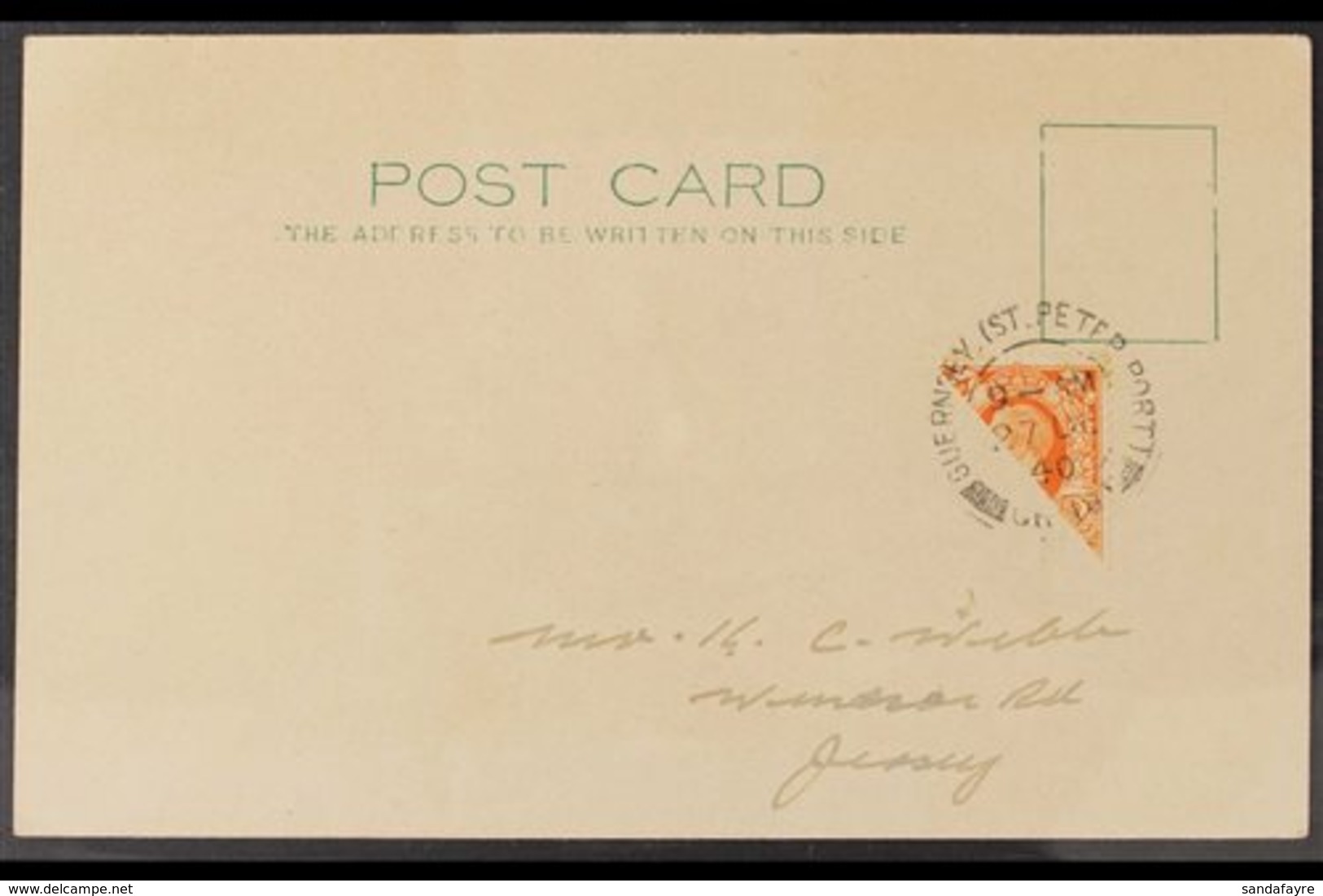 1940  (27 Dec) Post Card To Jersey From Guernsey Bearing GB 1935 2d Orange KGV Photogravure Stamp BISECTED Diagonally An - Ohne Zuordnung