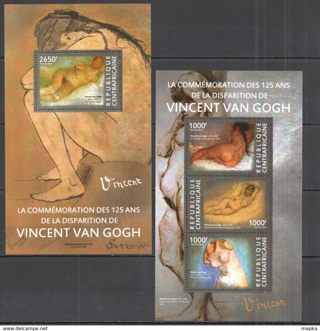 CA311 2015 CENTRAL AFRICA CENTRAFRICAINE ART PAINTINGS VINCENT VAN GOGH KB+BL MNH - Nus