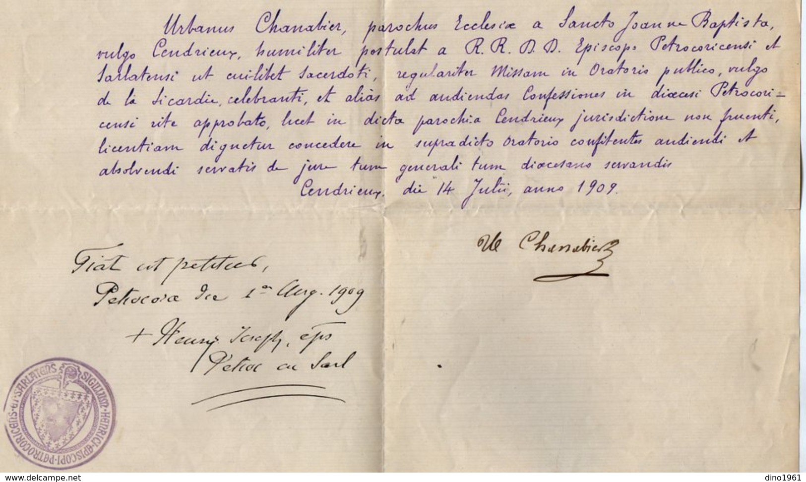 VP16.029 - Evêque De PERIGUEUX 1909 - Lettre / Document En Latin M. CHANABIER Concernant La Paroisse De CENDRIEUX - Godsdienst & Esoterisme