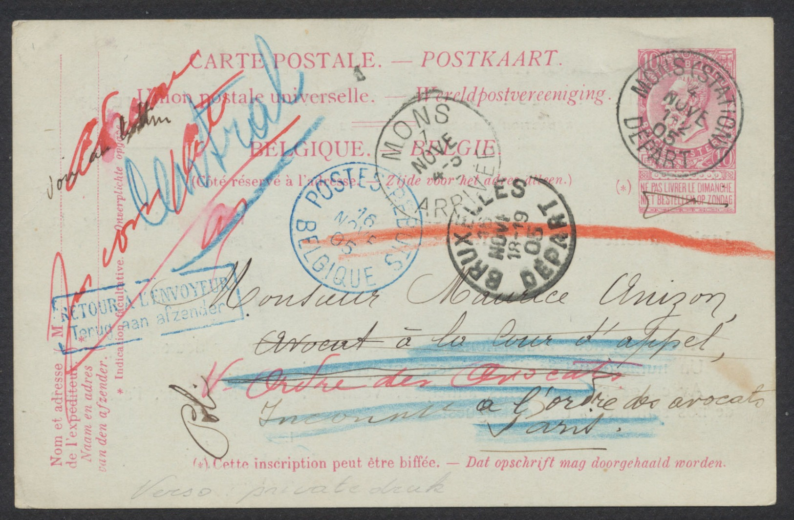 EP Au Type 10ctm Rouge Fine Barbe De Mons (station) Vers Paris + Cachet Bleu "Postes Rebuts Belgique" (1905) - Tarjetas 1871-1909