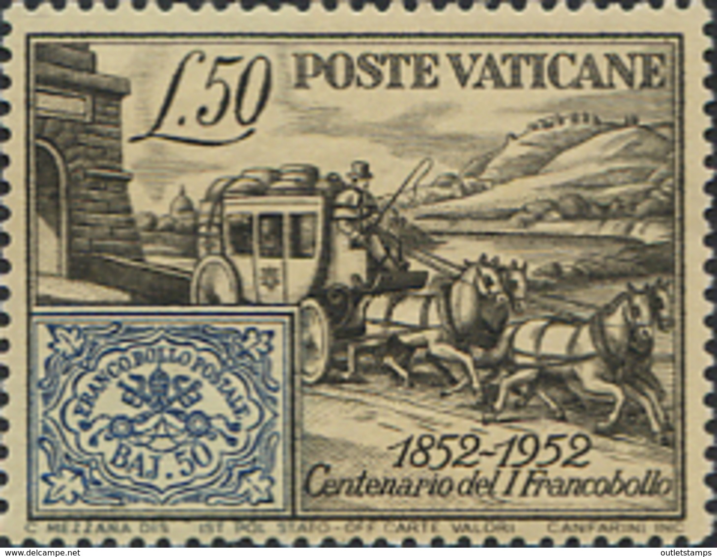 Ref. 115667 * NEW *  - VATICAN . 1952. CENTENARY OF THE STAMP OF THE ROMAN STATES. CENTENARIO DEL SELLO DE LOS ESTADOS D - Nuevos