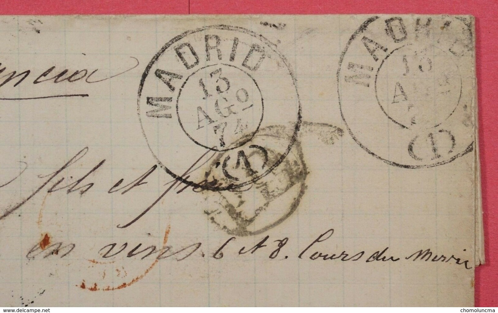 1874 LETTRE Port Du De MADRID  Négociant En Vin BORDEAUX St Julien Médoc Marque D' ENTRÉE  ST JEAN DE LUZ ? SPAIN Wine - Covers & Documents
