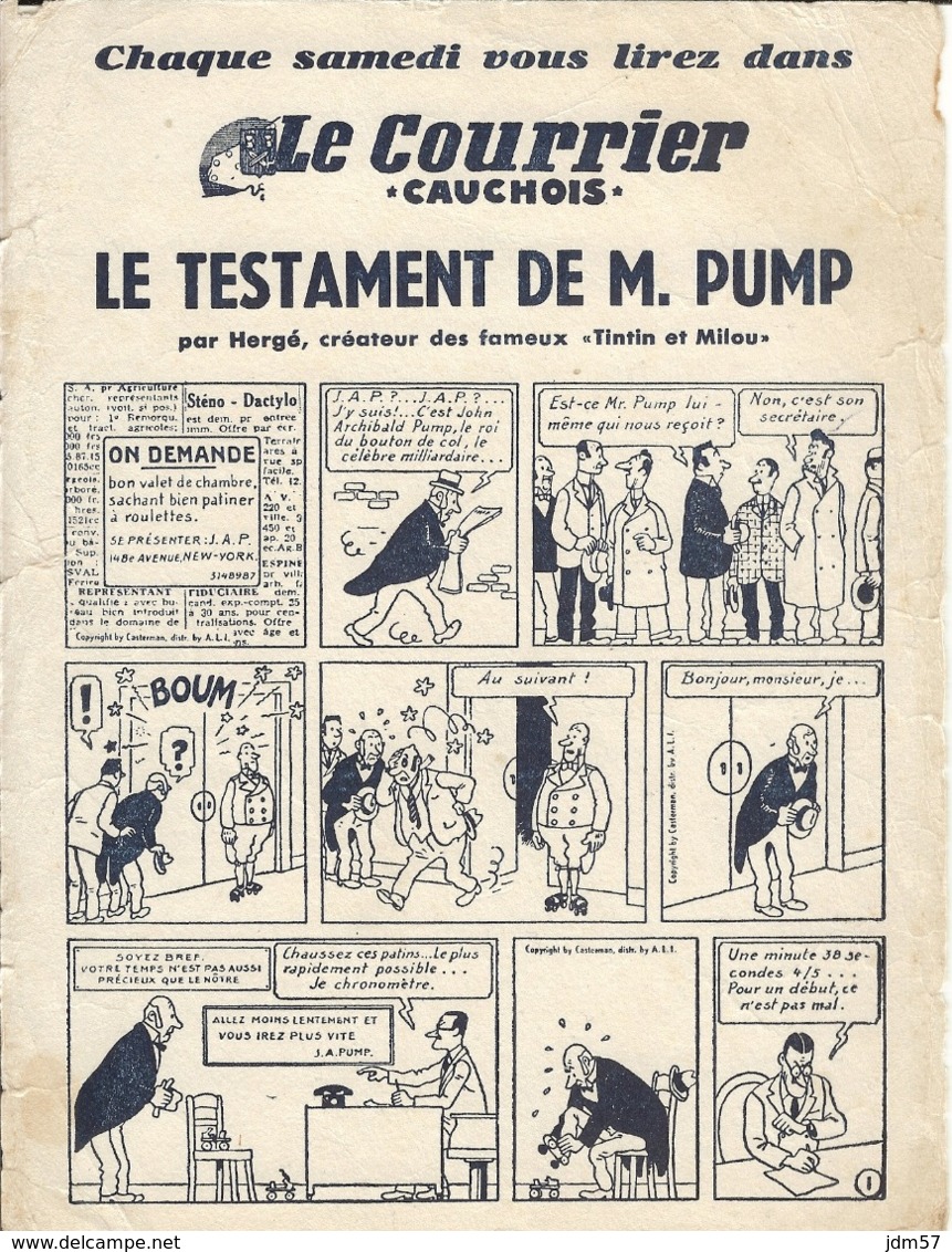 Le Testament De M.PUMP Par HERGE Créateur De TINTIN Et MILOU Dans Le Courrier Cauchois -petits Defauts Visibles Sur Scan - Altri & Non Classificati