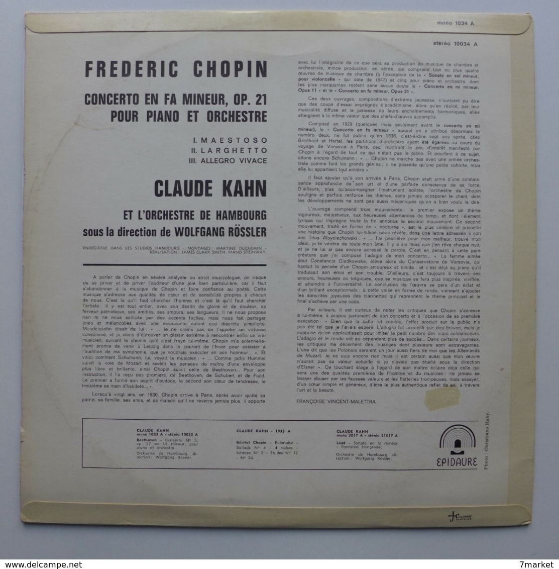 LP/ Claude Kahn;  Chopin - Concerto N° 2  Op.21 En Fa Mineur - Klassik