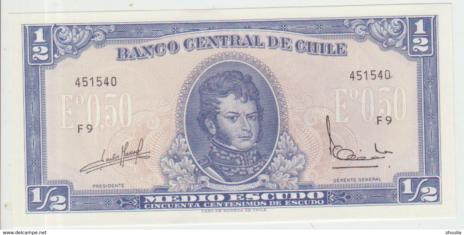 Chile 1/2 Pesos 1962-70 Pick 134A Serie F-9 UNC - Chili