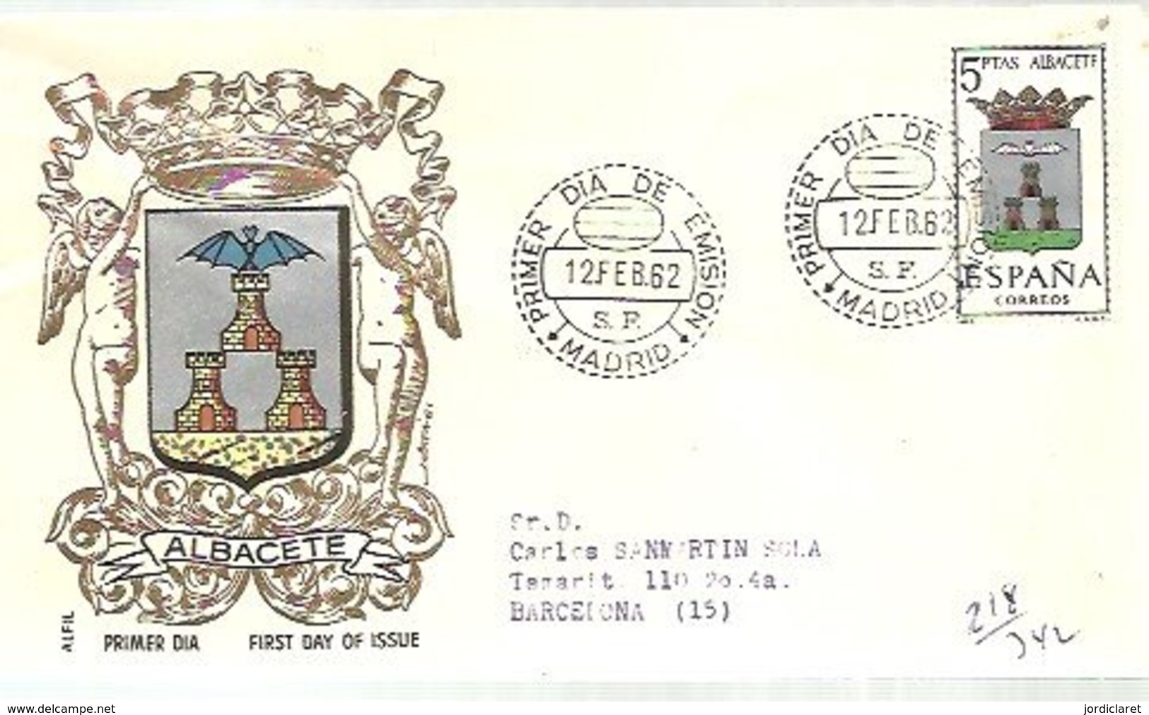 FDC ESPAÑA  1962   ALBACETE - Bats