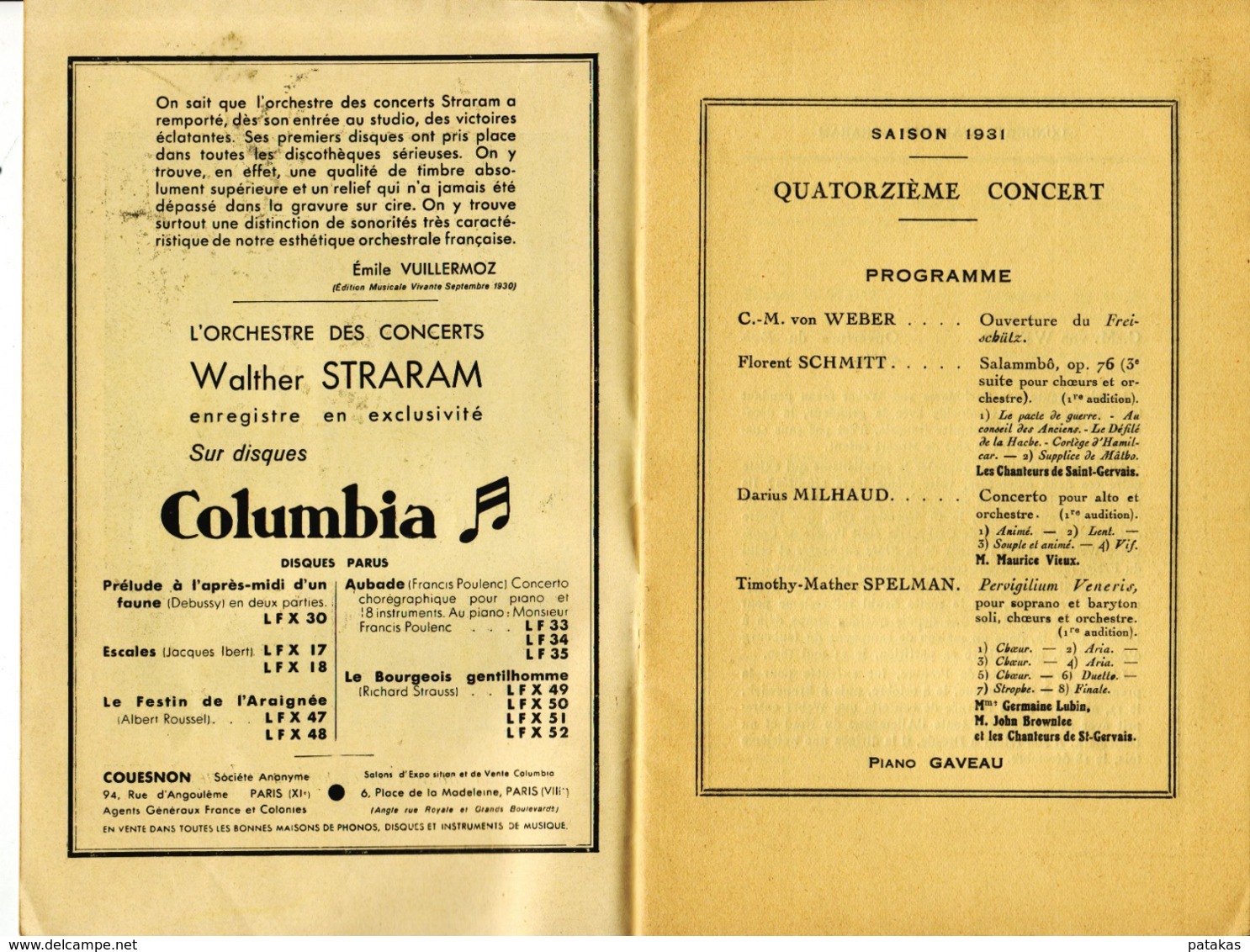 Programme Théâtre Des Champs-Elysées - Concerts Walter STRARAM - Saison 1931 14ème Concert - Programs