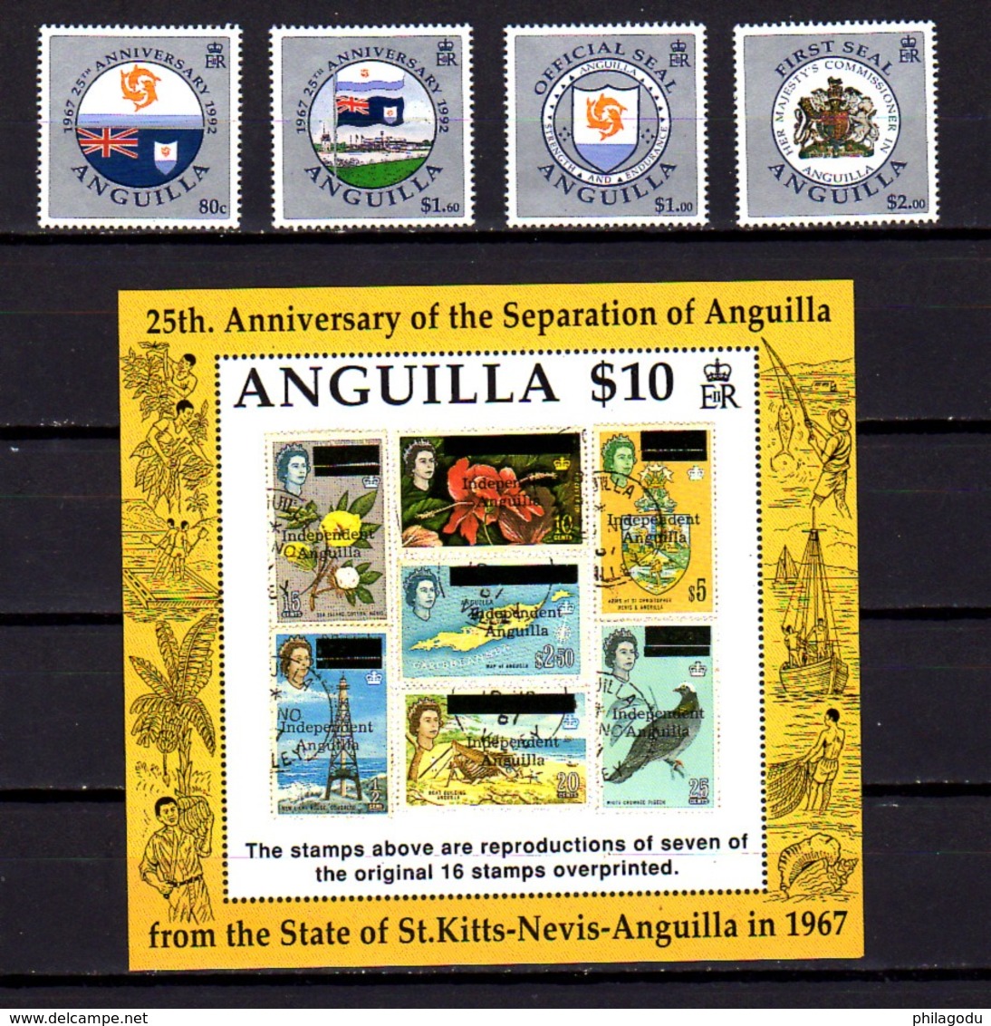 Anguilla 1992, 25 Ans De Séparation De St Christophe Et Nevis, 792 / 795** Et BF 91**, Cote 37,50 € - Anguilla (1968-...)