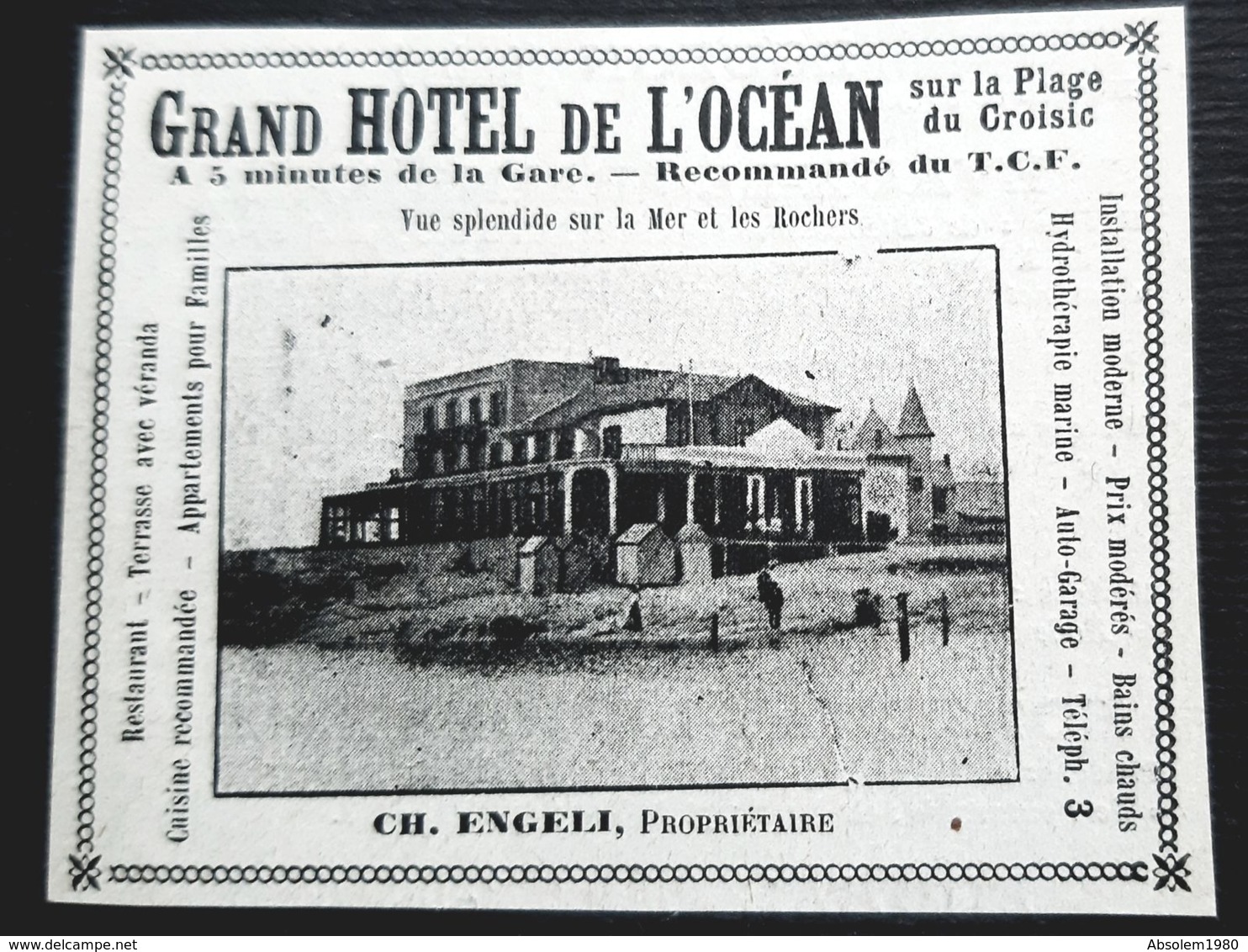 CROISIC PLAGE GRAND HOTEL DE L'OCEAN  ENGELI PROPRIETAIRE 1914 PUBLICITE ANCIENNE HOTELLERIE LOIRE ATLANTIQUE 44 - Publicités
