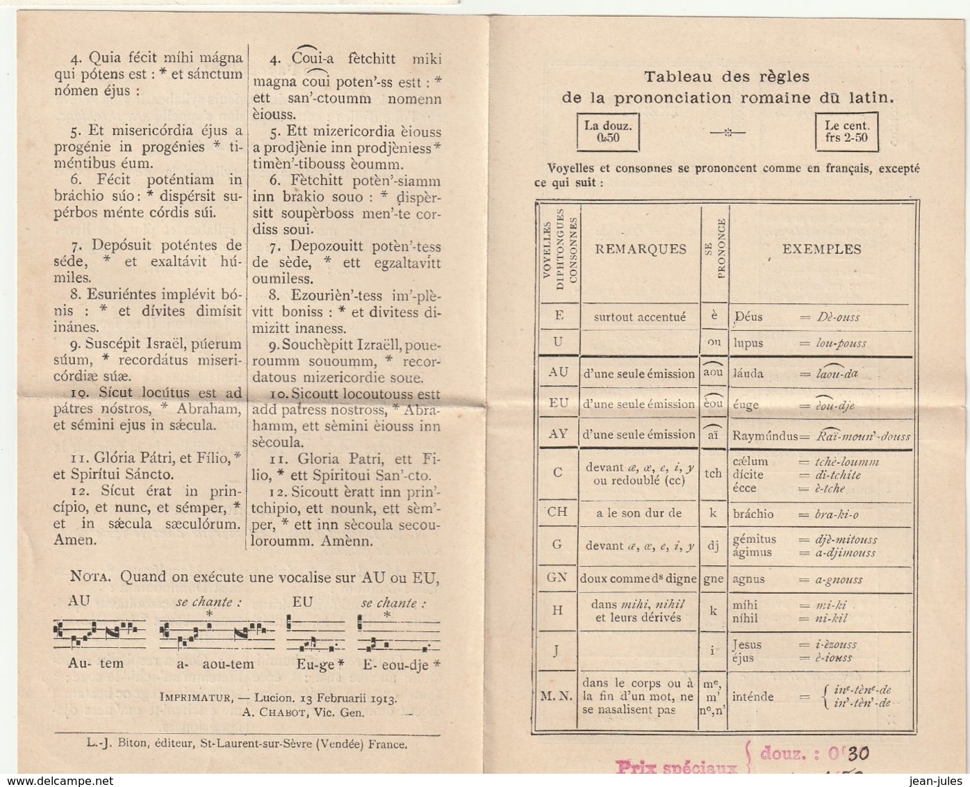Tableau Des Règles De La Prononciation Romaine Du Latin - 1913 - L.J Biton St Laurent Sur Sèvre Vendée - Unclassified